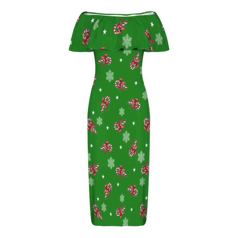 bright xmas candy cane print 5B Women's Off Shoulder Ruffle Boat Neck Dress (Model D71)