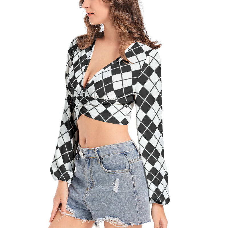 Women's Deep V-Neck Lantern Sleeve Crop Top