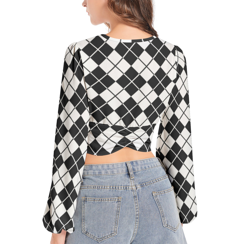 Women's Deep V-Neck Lantern Sleeve Crop Top