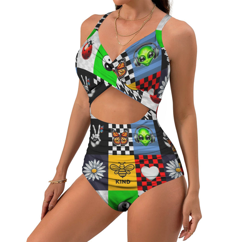 artsy print 2A Women's Twist Front Tie Back Swimsuit (Model S57)