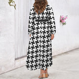 Houndstooth Round Neck Long Sleeve Belted Maxi Dress