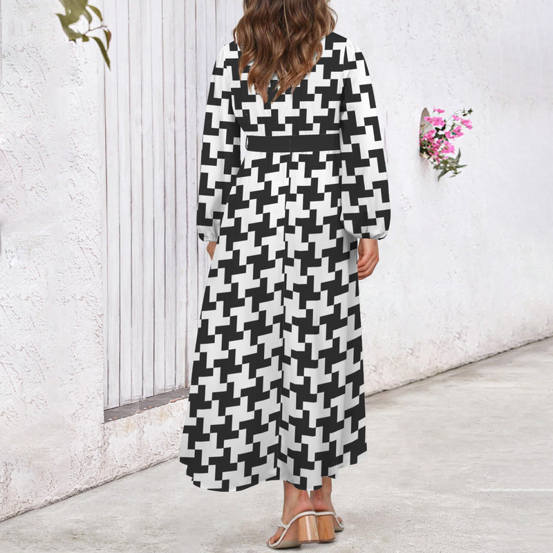 Houndstooth Round Neck Long Sleeve Belted Maxi Dress