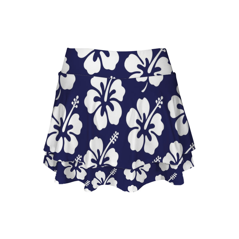 hibiscus print on delft blue High Waist Layered Ruffle Pockets Sports Skirt