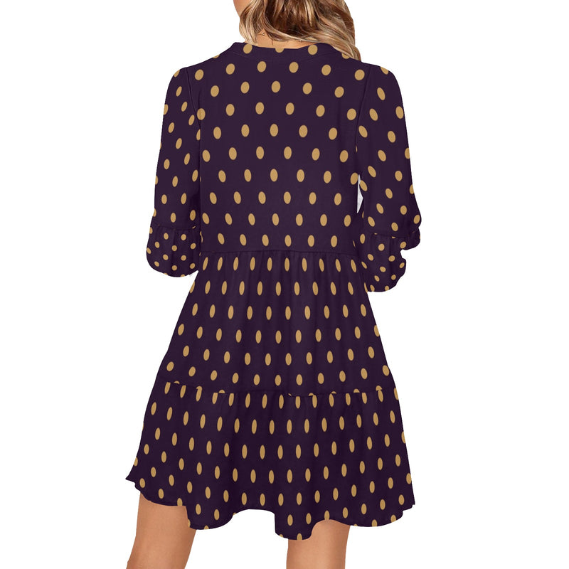 bronze polka dot on purple print V-Neck Loose Fit Dress (Model D62)