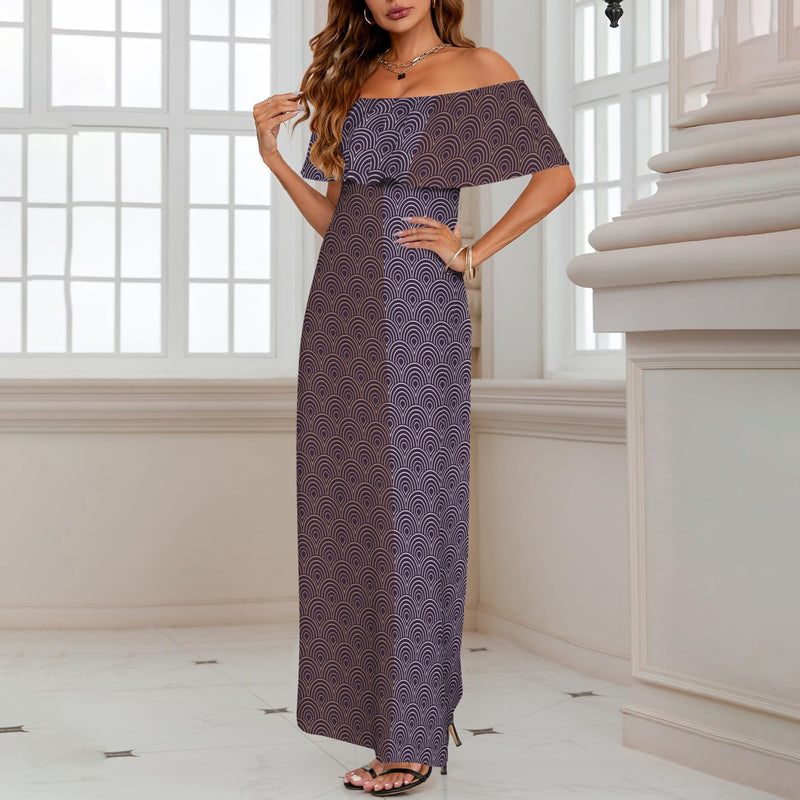 two tone shell print Women's Off Shoulder Ruffle Boat Neck Dress (Model D71)