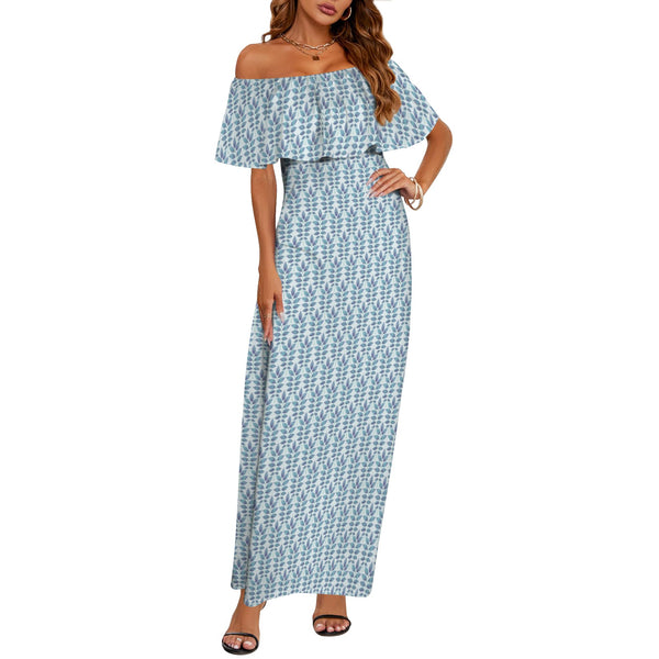 compound leaf print 2A Women's Off Shoulder Ruffle Boat Neck Dress (Model D71)