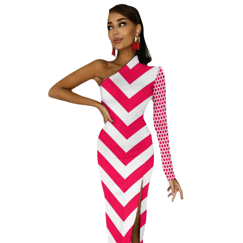 half shoulder maxi dress Half sleeve split Dress One-Shoulder Slit Maxi Dress White / M