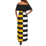 black solid print skirt Women's Off Shoulder Ruffle Boat Neck Dress (Model D71)