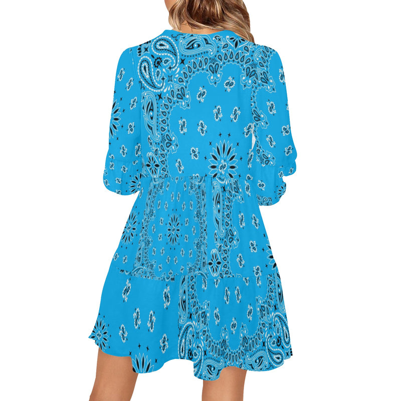 lt blue bandana print 2A V-Neck Loose Fit Dress (Model D62)