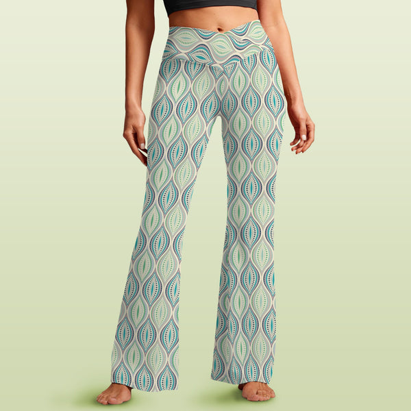 ogee light green print 2A High Waist Crossover Tummy Control Flare Leggings