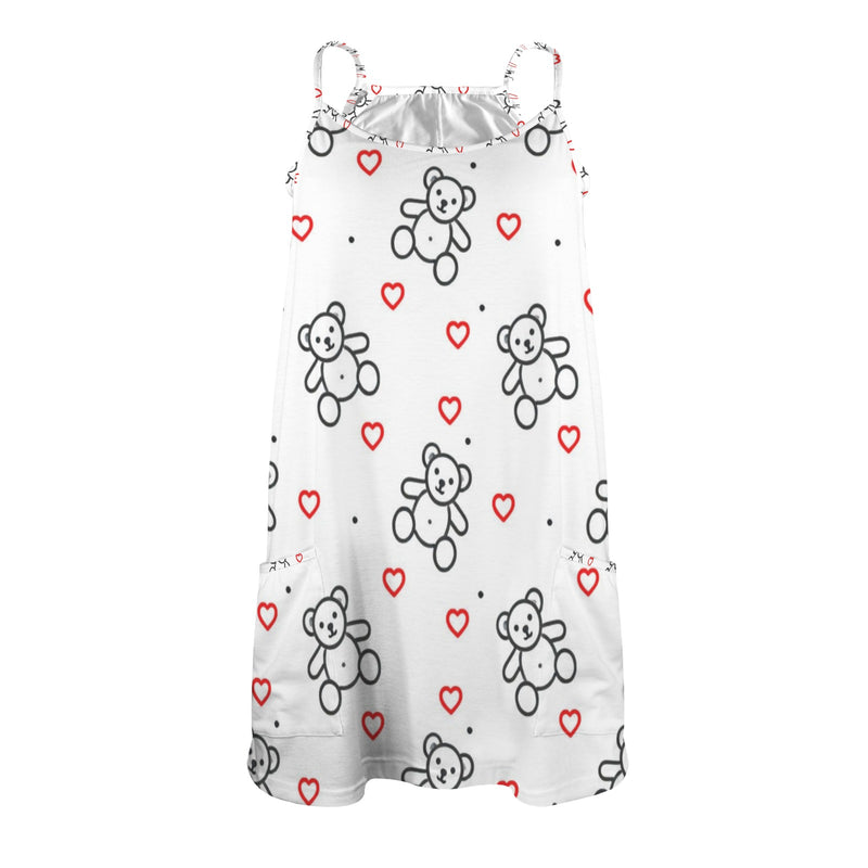 teddy bear and hearts print 2A Women's Double-Layered Camisole Dress (Model D70)