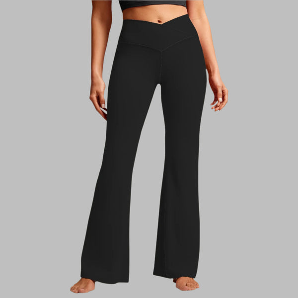 black solid print skirt High Waist Crossover Tummy Control Flare Leggings