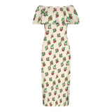 raspberry on tan print 3B Women's Off Shoulder Ruffle Boat Neck Dress (Model D71)