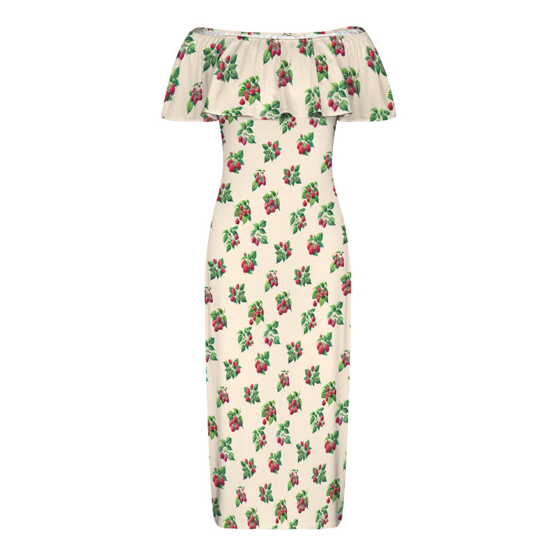 raspberry on tan print 3B Women's Off Shoulder Ruffle Boat Neck Dress (Model D71)