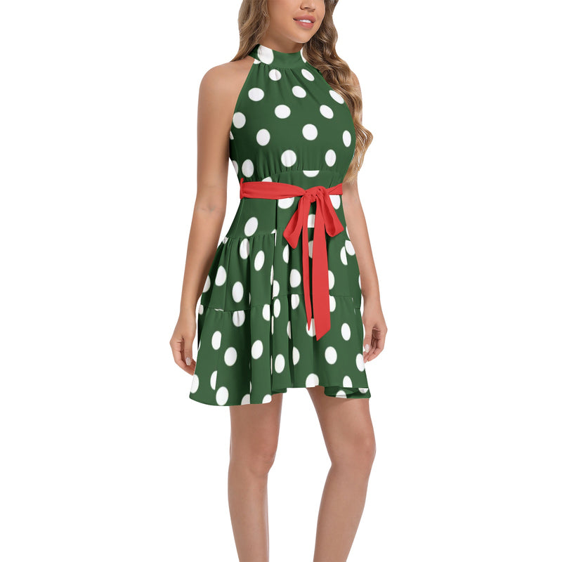 Ruffle Hem Belted Halter Dress