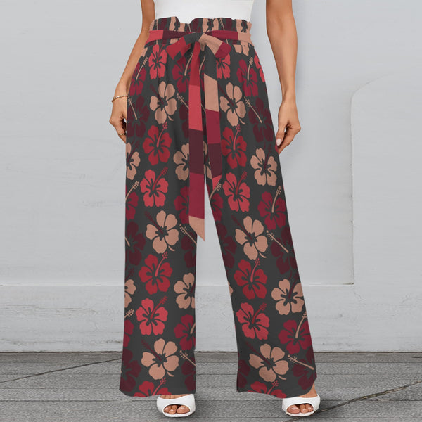 striped hibiscus print 3C Strappy Elastic Waist Wide Leg Pants with Pockets