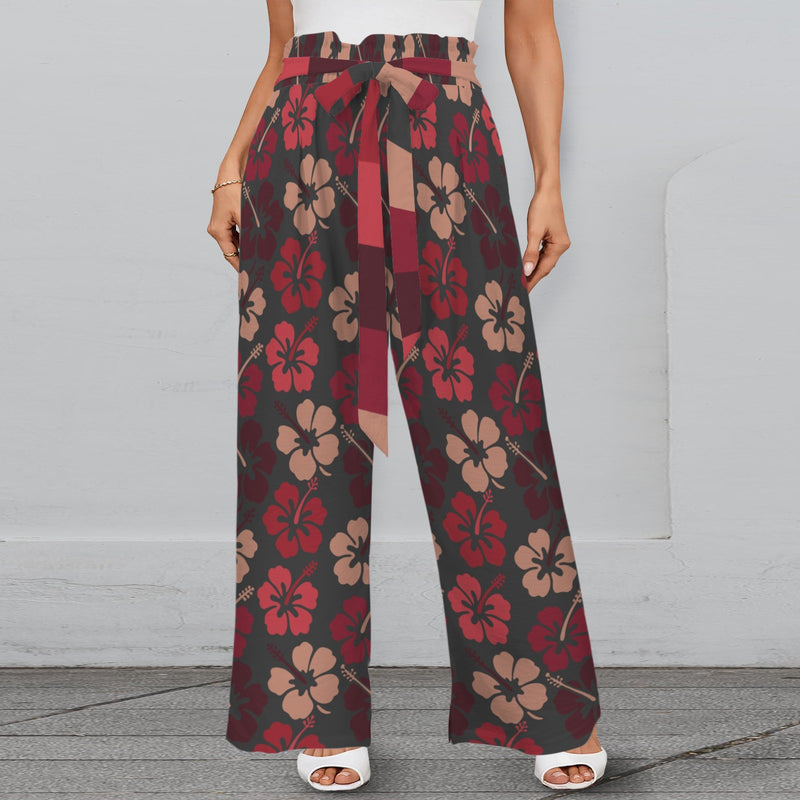 striped hibiscus print 3C Strappy Elastic Waist Wide Leg Pants with Pockets
