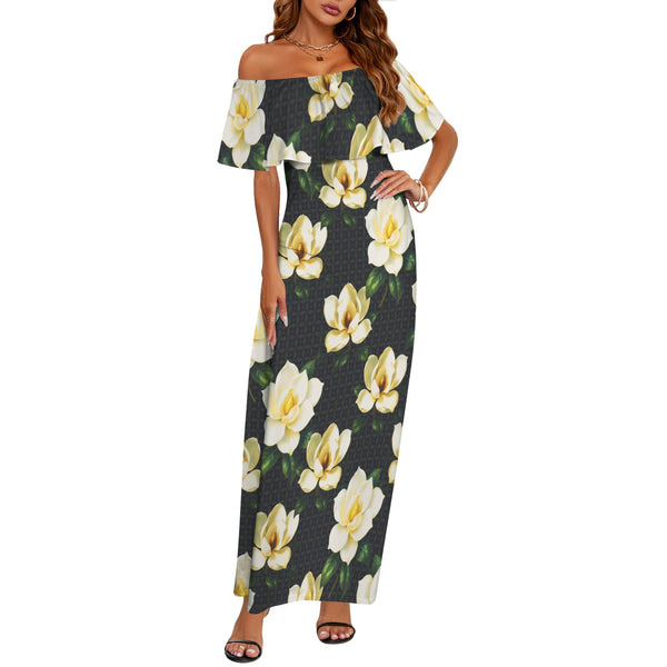 golden magnolia print 2A Women's Off Shoulder Ruffle Boat Neck Dress (Model D71)