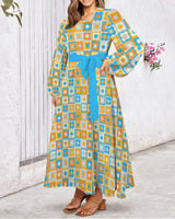 Retro Petals Round Neck Long Sleeve Belted Maxi Dress