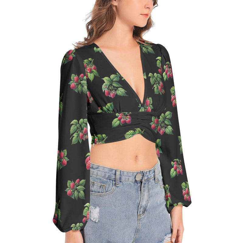 Women's Deep V-Neck Lantern Sleeve Crop Top