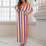 barcode color block striped print 2 Women's Off Shoulder Ruffle Boat Neck Dress (Model D71)