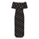 cherry black print 4A Women's Off Shoulder Ruffle Boat Neck Dress (Model D71)