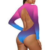 pink blue gradient print 4 Backless Long Sleeve One-Piece Swimsuit (Model S60)