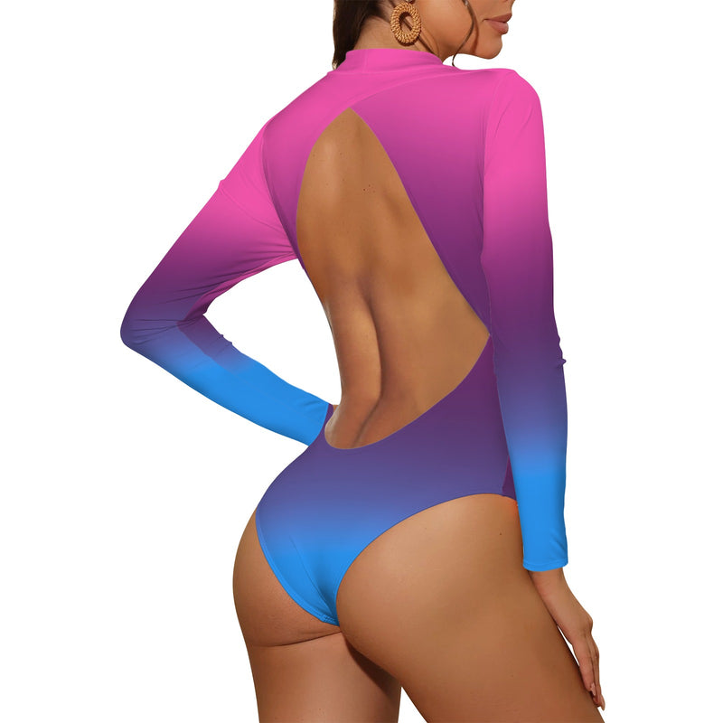 pink blue gradient print 4 Backless Long Sleeve One-Piece Swimsuit (Model S60)