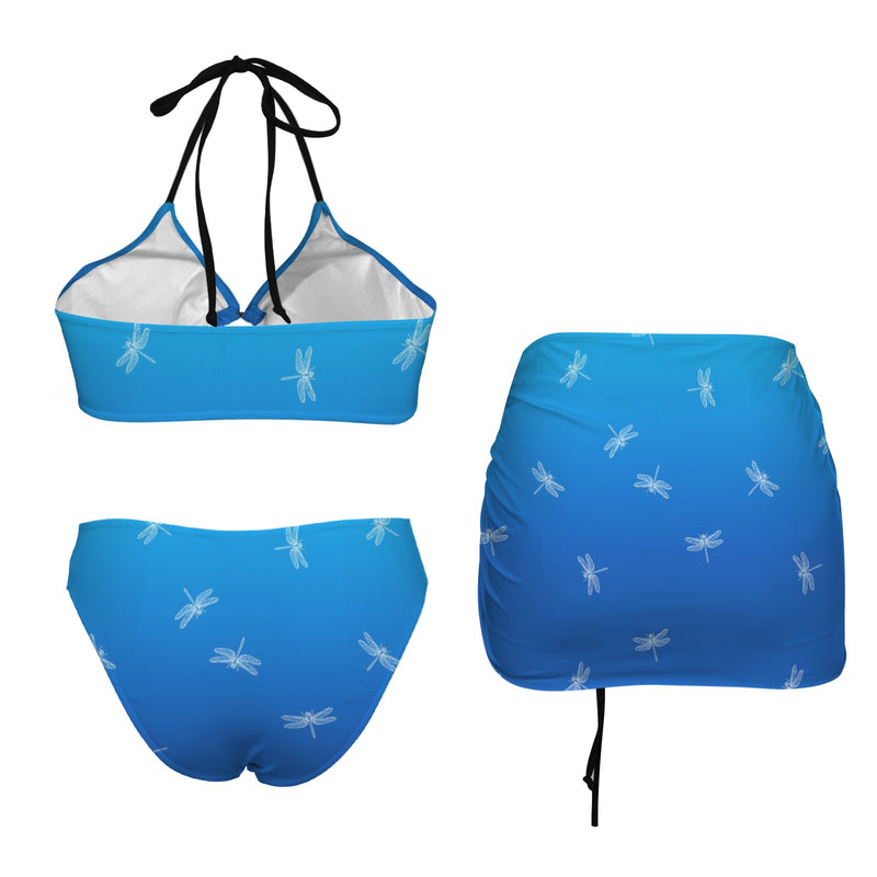 skull and roses print 3 copy Drawstring Halterneck Three-Piece Swimsuit Skirt