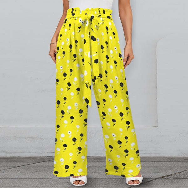 lemon poppy Strappy Elastic Waist Wide Leg Pants with Pockets