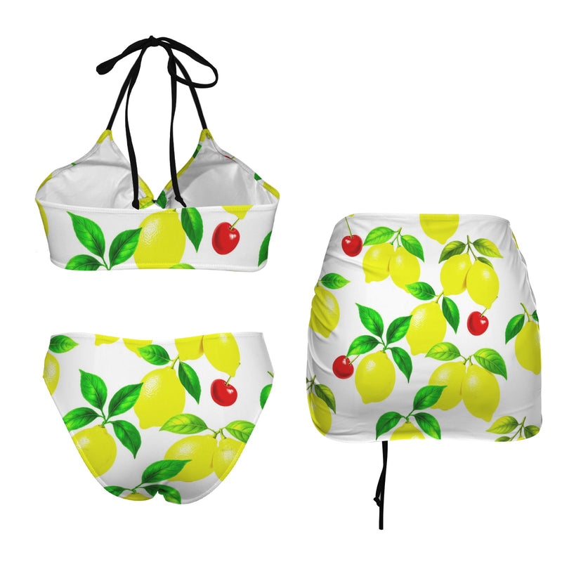 lemon drops 2 print A Drawstring Halterneck Three-Piece Swimsuit Skirt