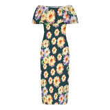 floral garden striped green Women's Off Shoulder Ruffle Boat Neck Dress (Model D71)