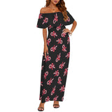 candy cane black background print Women's Off Shoulder Ruffle Boat Neck Dress (Model D71)