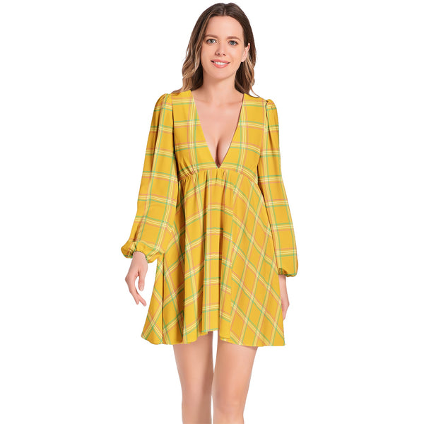 Lantern Sleeve Deep V-Neck Short Dress