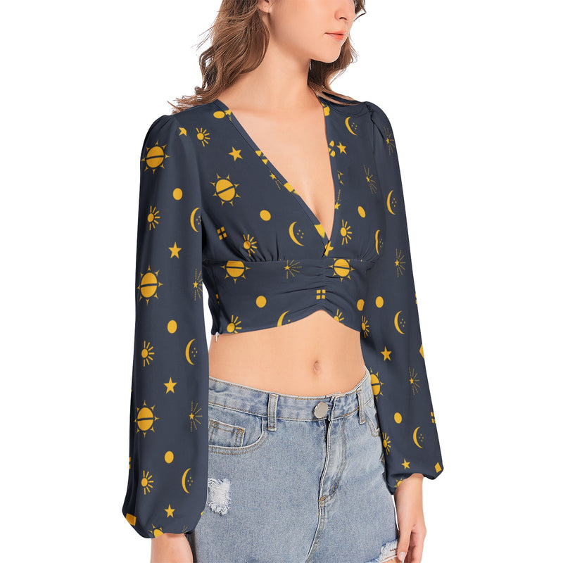 Women's Deep V-Neck Lantern Sleeve Crop Top