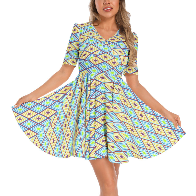 Short Sleeve Ruched Bust Flared Hem Dress