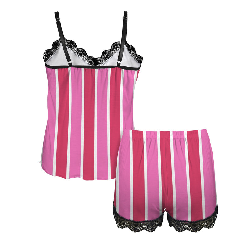 candy cane striped print 3B Women's Lace Camisole Pajama Set