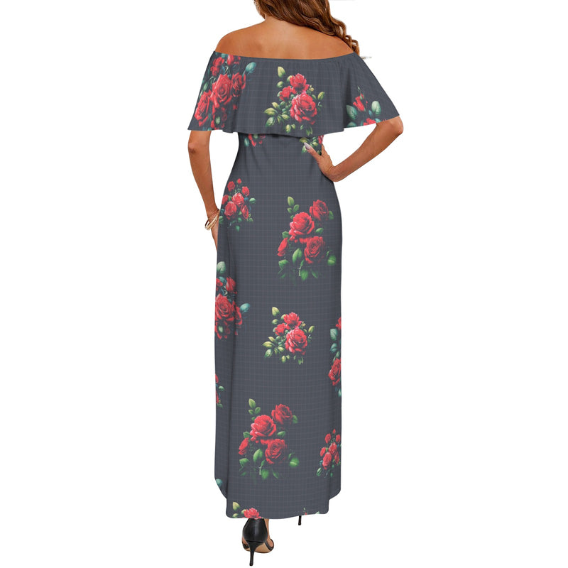 rose on grid print Women's Off Shoulder Ruffle Boat Neck Dress (Model D71)