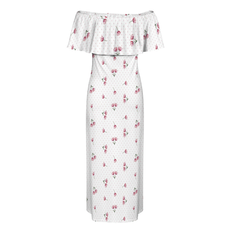 tulips print 5A Women's Off Shoulder Ruffle Boat Neck Dress (Model D71)