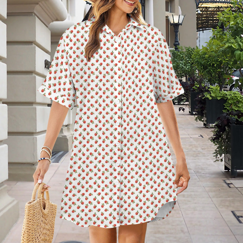 apples white print Short Sleeve Button Front Shirt Dress