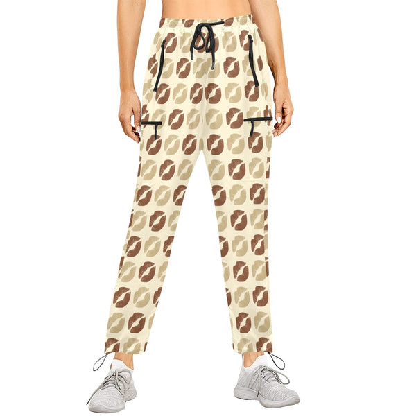 kisses beige and bronze print 2A Women's Quick Dry Cargo Sweatpants (Model L65)