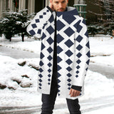 dk blue print 10K Men's Mid-Length Hooded Coat (Model H69)