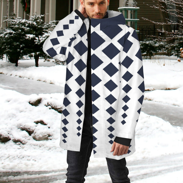 dk blue print 10K Men's Mid-Length Hooded Coat (Model H69)