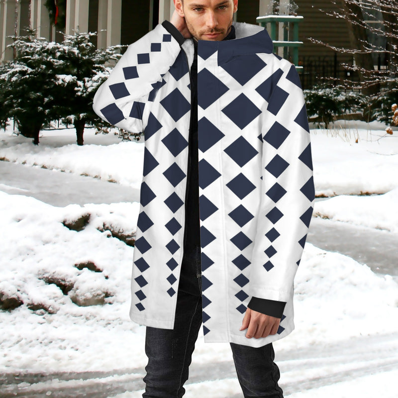 dk blue print 10K Men's Mid-Length Hooded Coat (Model H69)