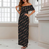 cherry black print 4A Women's Off Shoulder Ruffle Boat Neck Dress (Model D71)