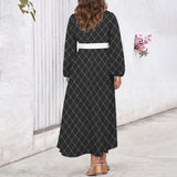 white solid print 2 Round Neck Long Sleeve Belted Maxi Dress