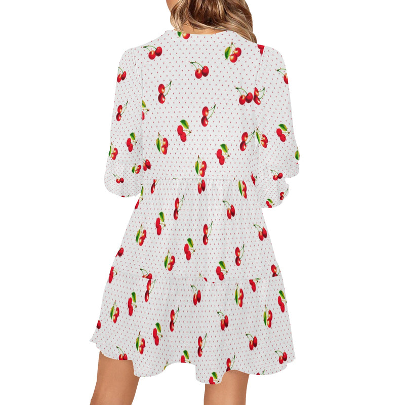 cherry print 4B V-Neck Loose Fit Dress (Model D62)