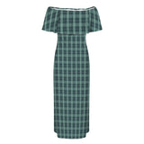 emerald print 5C Women's Off Shoulder Ruffle Boat Neck Dress (Model D71)