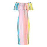 striped print colorful 2A Women's Off Shoulder Ruffle Boat Neck Dress (Model D71)