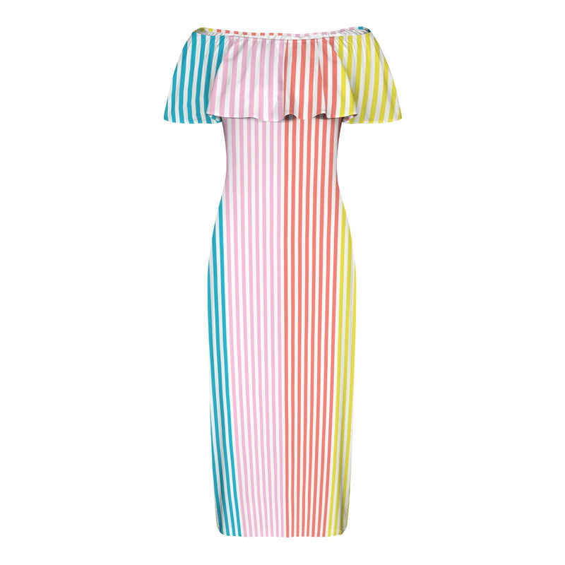 striped print colorful 2A Women's Off Shoulder Ruffle Boat Neck Dress (Model D71)